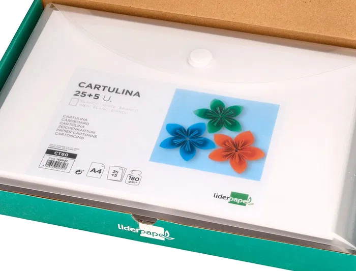 Liderpapel Cartulina Blanca A4 180g/m² - Paquete de 25+5 Hojas en Carpeta Dossier Transparente con Cierre de Velcro