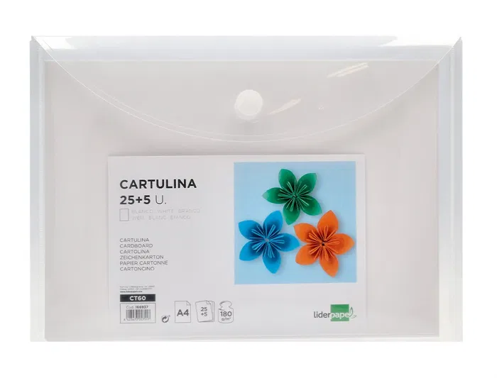 Liderpapel Cartulina Blanca A4 180g/m² - Paquete de 25+5 Hojas en Carpeta Dossier Transparente con Cierre de Velcro