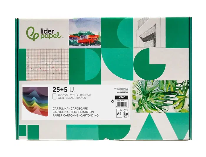 Liderpapel Cartulina Blanca A4 180g/m² - Paquete de 25+5 Hojas en Carpeta Dossier Transparente con Cierre de Velcro