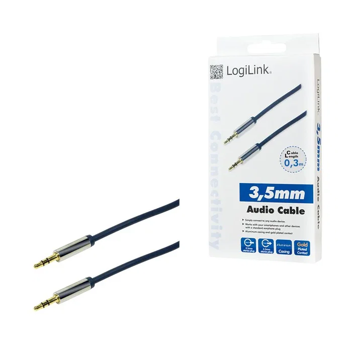 LogiLink Cable de Audio Estéreo 3.5mm Macho a Macho 0.3m (30cm) - Azul, Contactos Chapados en Oro