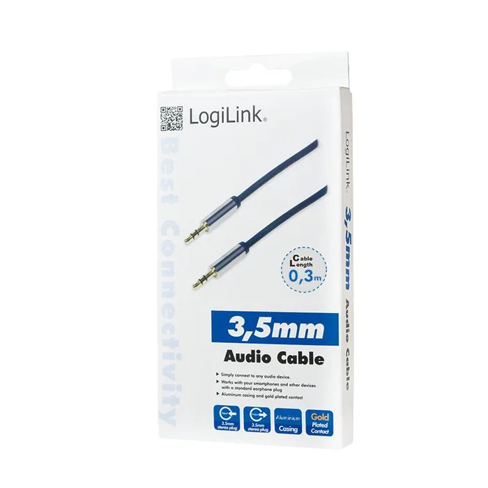 LogiLink Cable de Audio Estéreo 3.5mm Macho a Macho 0.3m (30cm) - Azul, Contactos Chapados en Oro