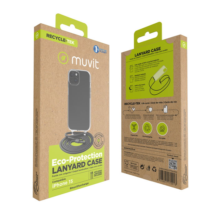 Muvit Funda Recycletek para Apple iPhone 15 con Cordón, Transparente, Material Reciclado GRS, Ecoamigable