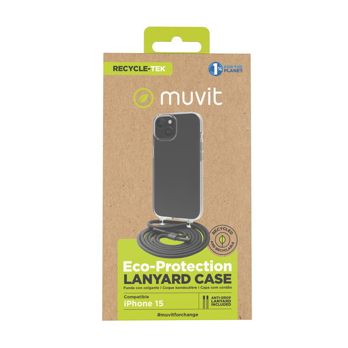 Muvit Funda Recycletek para Apple iPhone 15 con Cordón, Transparente, Material Reciclado GRS, Ecoamigable