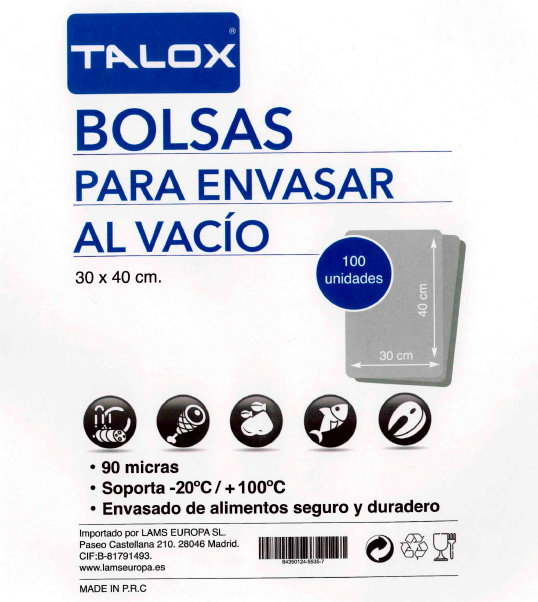 TALOX 100 Bolsas para Envasar al Vacío 90 µ 30cm x 40cm Pack 100 U TALOX 100 Bolsas para Envasar al Vacío 90 µ 30cm x 40cm Pack 100 U