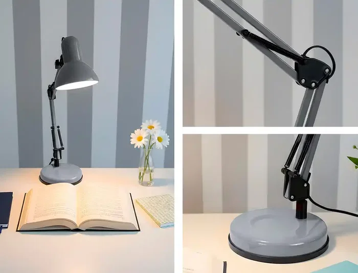 Q-Connect Polaris Lámpara de Escritorio con Brazo Triple Articulado, Metal Plateado para Oficina