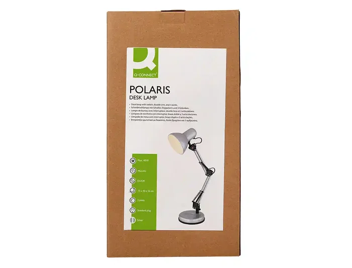 Q-Connect Polaris Lámpara de Escritorio con Brazo Triple Articulado, Metal Plateado para Oficina