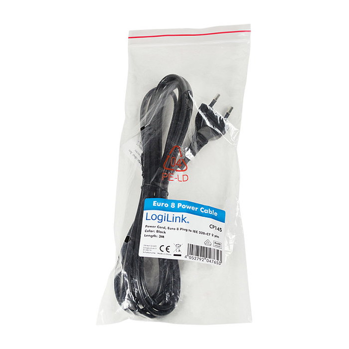 LogiLink Cable de alimentación CEE 7/16 a IEC C7, 3 m, negro