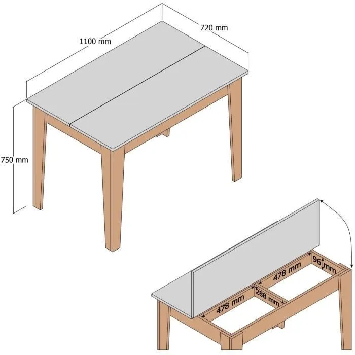 KIEVA MEN8683743327485 Mesa de cocina con almacenaje, Melamina, Blanco/Roble, Rectangular, 110 x 75 x 72 cm
