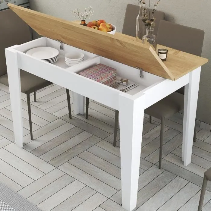 KIEVA MEN8683743327485 Mesa de cocina con almacenaje, Melamina, Blanco/Roble, Rectangular, 110 x 75 x 72 cm