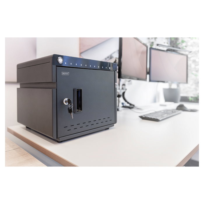 Digitus Armario de Carga Móvil para Escritorio - Estación de Almacenamiento y Carga para 10 Portátiles/Tabletas hasta 14", Desinfección UV-C, USB-C, Negro