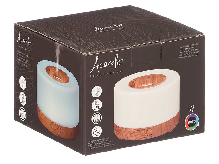 Acorde Humidificador Base Acabado Madera con LED 500ml 16 x 11.5 x 16 cm (Set de 6)