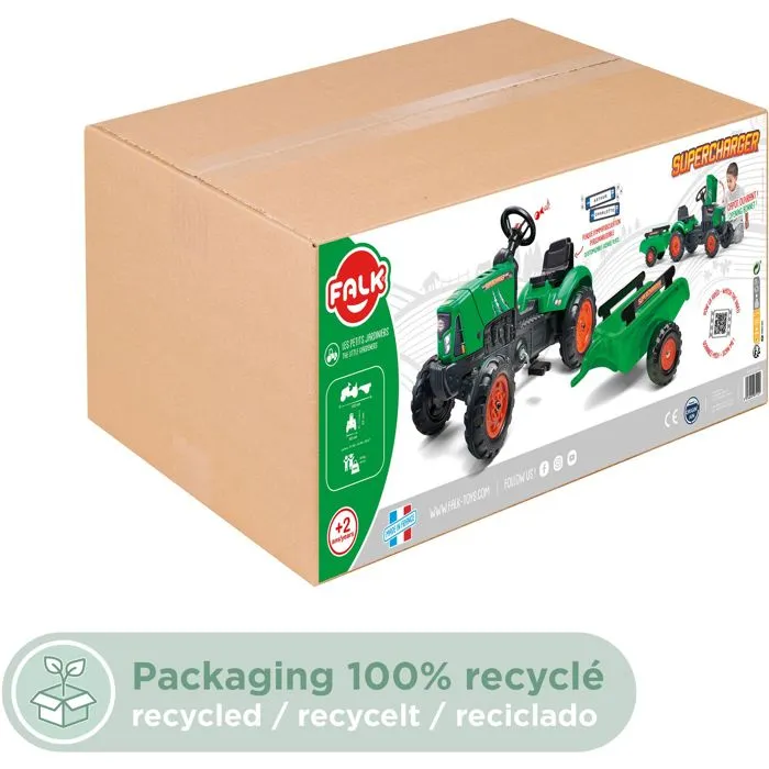 FALK Tractor de pedal Supercharger rojo con capó de apertura y remolque para niños de 2 a 5 años