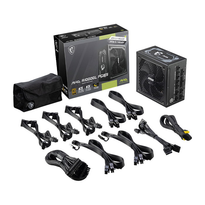MSI MAG A1000GL PCIE5 Fuente de Alimentación ATX 3.1 1000W 80 Plus Gold - Totalmente Modular - Conector PCIe 16 pines