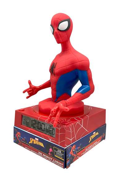 Kids Euroswan Lámpara 3D Spiderman con Despertador y Fecha para Dormitorio Infantil, Luz Nocturna, Regalo para Niños