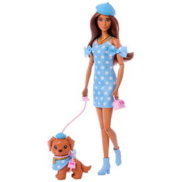 Barbie JFP38 Muñeca Twinning Looks Morena con Perro Accesorio Conjunto Azul Lunares +3 Años