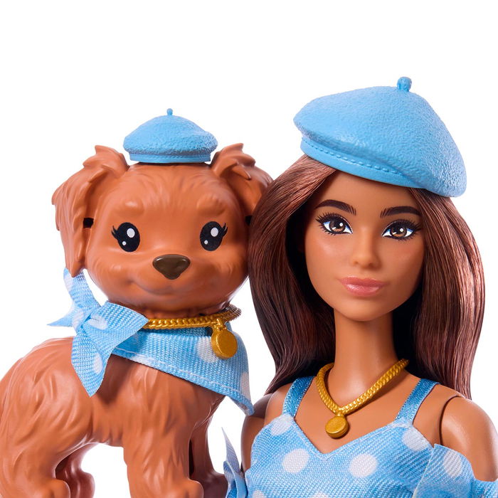 Barbie JFP38 Muñeca Twinning Looks Morena con Perro Accesorio Conjunto Azul Lunares +3 Años Barbie JFP38 Muñeca Twinning Looks Morena con Perro Accesorio Conjunto Azul Lunares +3 Años