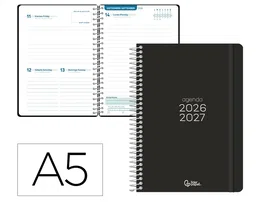 Liderpapel Agenda Escolar 2026-2027 Básica A5 Bilingüe Espiral Día Página Negro – Tapa de Polipropileno, Papel FSC 70g, Ideal para Organización Escolar