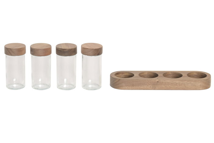 DKD Home Decor Set de 4 Especieros de Cristal y Acacia de 90ml
