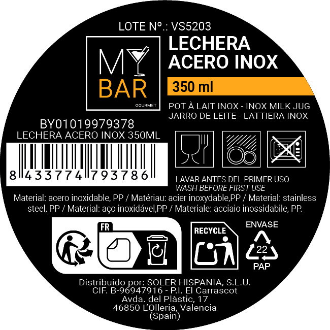 Inde Lechera de Acero Inoxidable 350 ml, My Bar (24 Unidades)