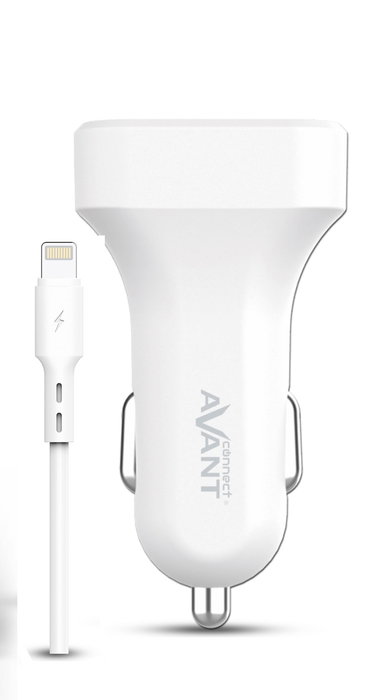 AVANT CONNECT - Cargador de Coche 2 Puertos USB 2.4A + Cable Lightning para iPhone/iPad, 12W, Adaptador de Encendedor