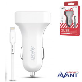AVANT CONNECT - Cargador de Coche 2 Puertos USB 2.4A + Cable Lightning para iPhone/iPad, 12W, Adaptador de Encendedor