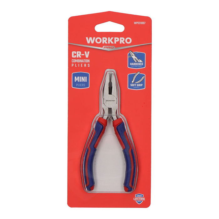 Workpro Alicates Universales Mini 110 mm Acero Cromo Vanadio Mango Cómodo Azul Rojo