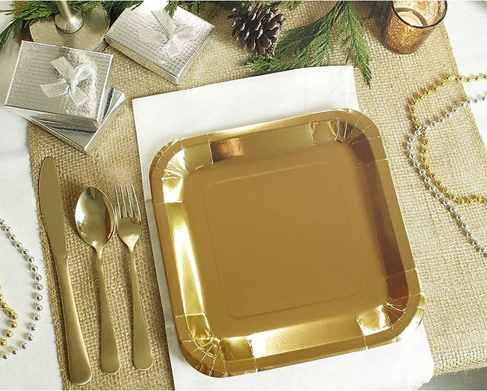 Algon Set 10 Platos Carton Oro Cuadrados 20 cm (18 Unidades)