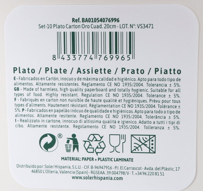 Algon Set 10 Platos Carton Oro Cuadrados 20 cm (18 Unidades)