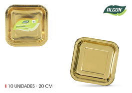 Algon Set 10 Platos Carton Oro Cuadrados 20 cm (18 Unidades)