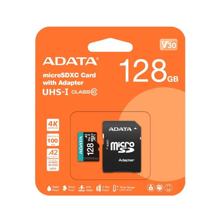 ADATA AUSDX128GUI3V30SA2 Tarjeta de Memoria microSDXC 128 GB UHS-I U3, Clase 10, V10, Lectura Hasta 100 MB/s ADATA AUSDX128GUI3V30SA2 Tarjeta de Memoria microSDXC 128 GB UHS-I U3, Clase 10, V10, Lectura Hasta 100 MB/s