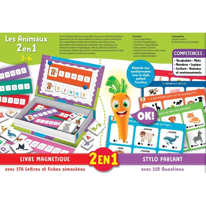 Liscianigiochi LIS8008324117031 Lápiz Parlante CAROTINA + Juguetes Magnéticos 2 en 1 - Animales, Aprendizaje y Lógica para +3 Años