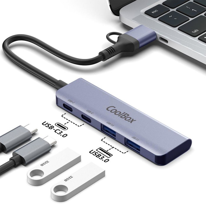 COOLBOX HUB COO-HUB-C-CCAA 4 Puertos USB 3.2 Gen1 (2 USB-A + 2 USB-C) 5Gbps Aluminio 180mm