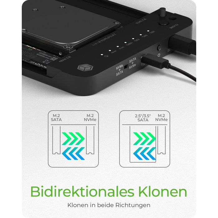 ICY BOX IB-2915MSCL-C31 Dockingstation para HDD, SSD SATA y M.2 NVMe USB 3.2 Gen 2 Type-C