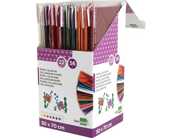 Liderpapel Papel celofán 50x70 cm, expositor de 56 bolsas, 8 colores surtidos Liderpapel Papel celofán 50x70 cm, expositor de 56 bolsas, 8 colores surtidos