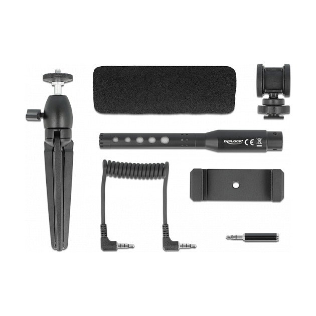 DeLOCK Set de Micrófono Vlog Shotgun para Smartphones y DSLR, Negro
