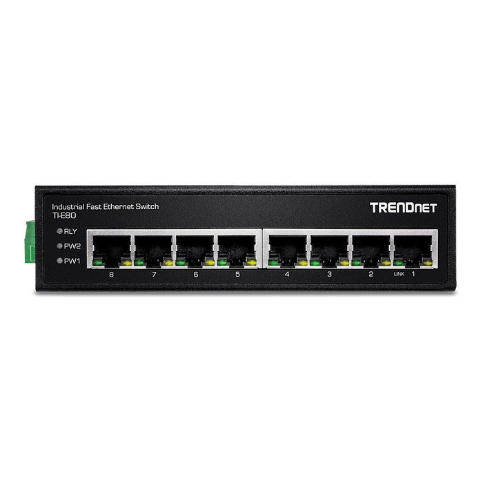 TRENDnet Switch Industrial TI-E80, 8 Puertos Fast Ethernet (10/100) No Administrado, Montaje en Carril DIN, IP30, Full Duplex, 1.6 Gbit/s, para Entornos Robustos