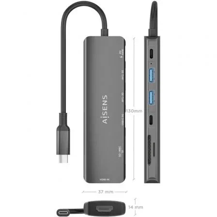 Aisens ASUC-7P026-GR Dock USB-C 7 en 1 con HDMI 4K, 2xUSB-A, USB-C PD 100W, Lector Tarjetas SD/MicroSD, Gris Aisens ASUC-7P026-GR Dock USB-C 7 en 1 con HDMI 4K, 2xUSB-A, USB-C PD 100W, Lector Tarjetas SD/MicroSD, Gris