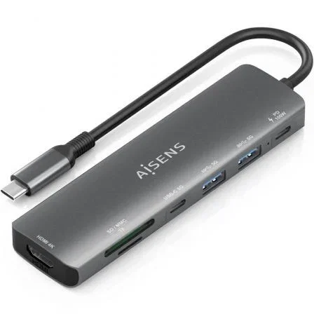 Aisens ASUC-7P026-GR Dock USB-C 7 en 1 con HDMI 4K, 2xUSB-A, USB-C PD 100W, Lector Tarjetas SD/MicroSD, Gris Aisens ASUC-7P026-GR Dock USB-C 7 en 1 con HDMI 4K, 2xUSB-A, USB-C PD 100W, Lector Tarjetas SD/MicroSD, Gris