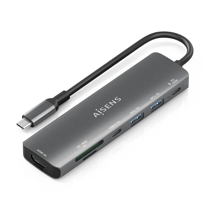 Aisens ASUC-7P026-GR Dock USB-C 7 en 1 para Laptop/PC: 1x HDMI 4K @30Hz, 2x USB-A 3.0, 1x USB-C, 1x USB-C PD 100W, Lector SD/TF, Cable 15 cm - Gris Aisens ASUC-7P026-GR Dock USB-C 7 en 1 para Laptop/PC: 1x HDMI 4K @30Hz, 2x USB-A 3.0, 1x USB-C, 1x USB-C PD 100W, Lector SD/TF, Cable 15 cm - Gris