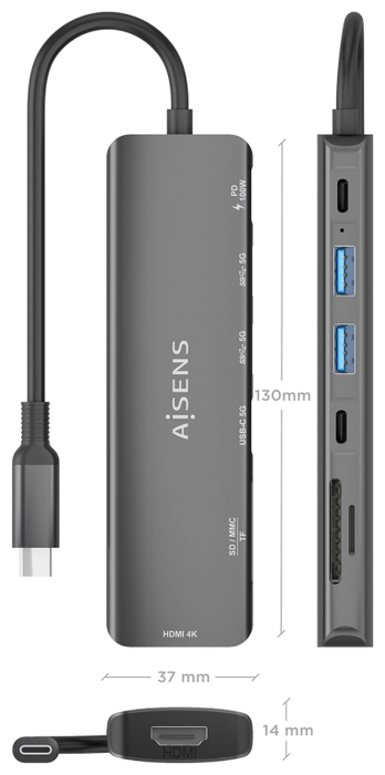 Aisens USB-C Dock 7 en 1 ASUC-7P026-GR con HDMI 4K y PD 100W, Gris Aisens USB-C Dock 7 en 1 ASUC-7P026-GR con HDMI 4K y PD 100W, Gris