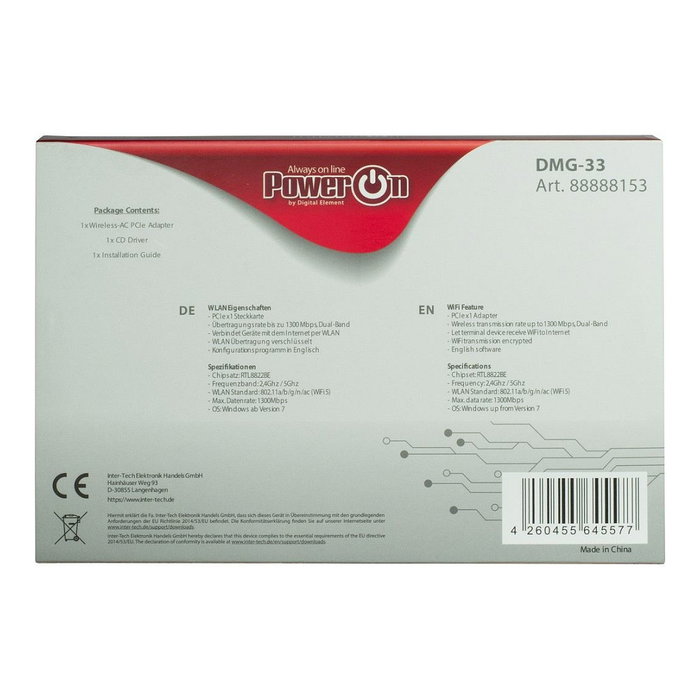Inter-Tech Adaptador Wi-Fi 5 PCIe DMG-33 1300Mbps 3dBi Antena