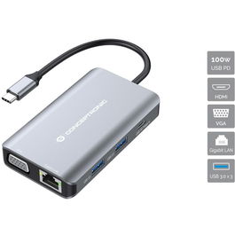Conceptronic DONN21G - Docking Station USB-C 7-en-1, HDMI 4K 30Hz, VGA, 3x USB 3.0, LAN Gigabit, Carga PD 100W - Gris
