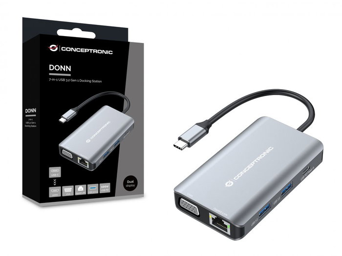 Conceptronic DONN21G Docking Station 7 en 1 USB-C a HDMI 4K, VGA, LAN GbE, USB 3.0 x3, PD 100W, Gris