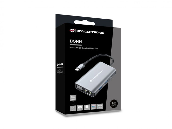 Conceptronic DONN21G Docking Station 7 en 1 USB-C a HDMI 4K, VGA, LAN GbE, USB 3.0 x3, PD 100W, Gris