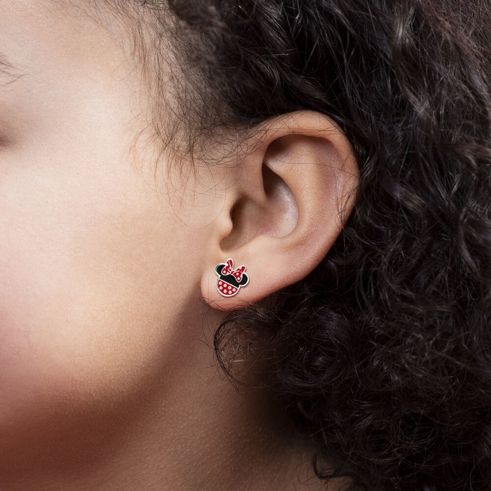 Disney Pendientes Minnie Mouse y Mickey Mouse Latón Plateado Esmalte Lazo Rojo