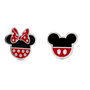 Disney Pendientes Minnie Mouse y Mickey Mouse Latón Plateado Esmalte Lazo Rojo