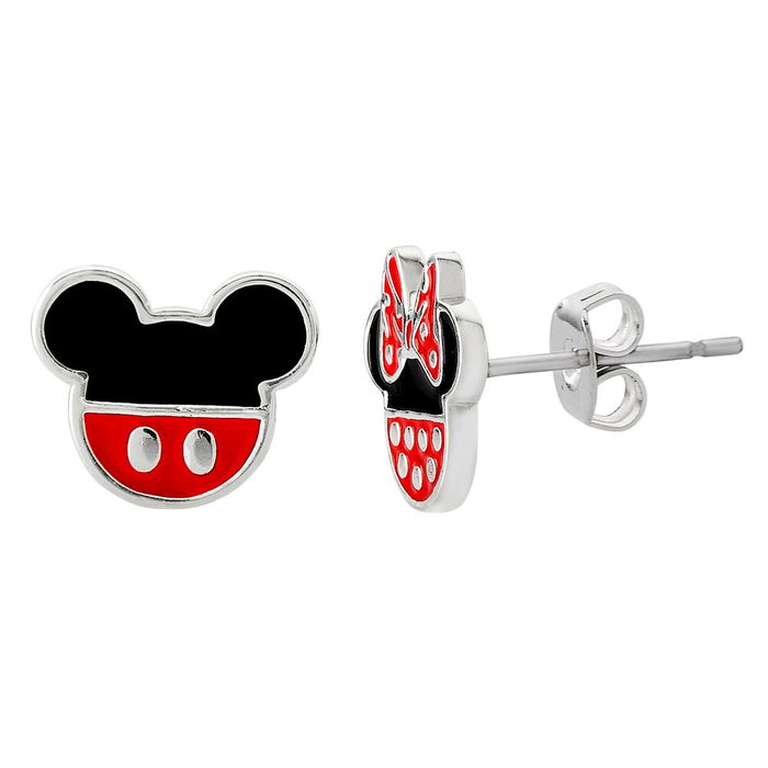 Disney Pendientes Minnie Mouse y Mickey Mouse Latón Plateado Esmalte Lazo Rojo