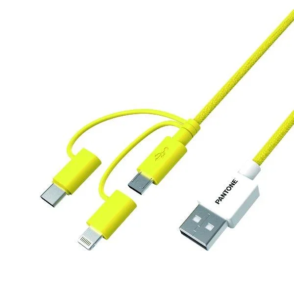Pantone PT-USB003Y1 Cable USB 1,2 m - USB A a USB C, Micro USB A y Lightning - Color Amarillo