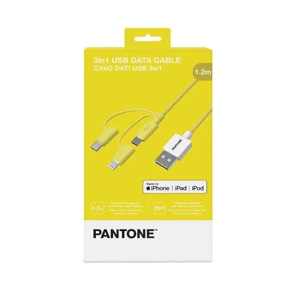 Pantone Cable USB PT-USB003Y1 de 1,2 m USB A a USB C/Micro USB A/Lightning Amarillo