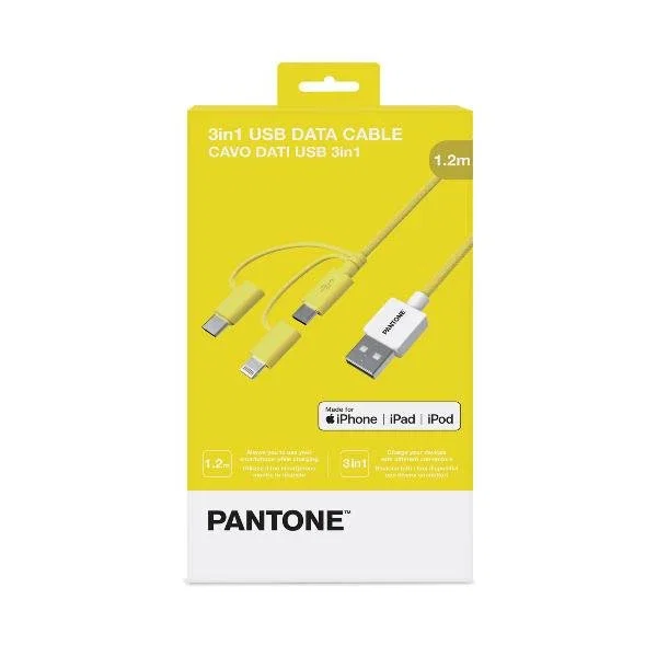 Pantone PT-USB003Y1 Cable USB 1,2 m - USB A a USB C, Micro USB A y Lightning - Color Amarillo